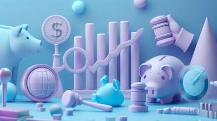 Leinwandbilder - A blue and pink piggy bank sits on a table with a few other items. The piggy bank is surrounded by a variety of other objects, including a ruler, a book, and a few other figurines