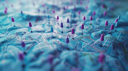 Poster - A map with many pins on it. The map is blue and purple