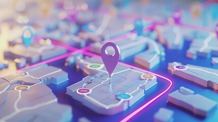 Poster - A map of a city with a purple pin on it. The map is full of different colored pins, each representing a different location. The map is designed to look like a 3D model