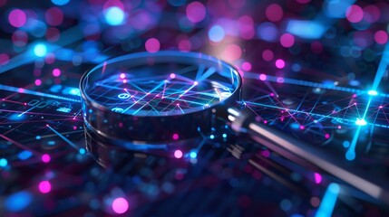 Fototapete - A magnifying glass is on a computer screen with a lot of lines and dots. Concept of curiosity and exploration, as if the viewer is trying to uncover the secrets hidden within the computer code