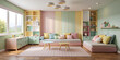 © KingKongThePitbull - Children's room without a sofa in Pastel colors with emptiness in the middle