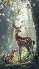 Poster - A deer and its baby are standing in a forest with flowers