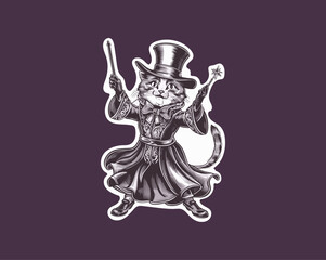 Sticker - Fancy cat in magician clothes vector illustration, Generative AI