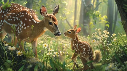 Poster - A mother deer and her baby deer are standing in a field of flowers. The baby deer is looking up at the mother deer, and they seem to be enjoying each other's company. The scene is peaceful and serene