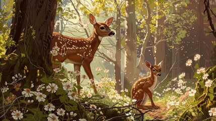 Poster - Two deer are standing in a forest with flowers in the background