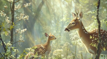 Poster - A deer and its baby are standing in a forest