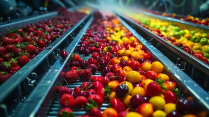 Poster - A conveyor belt of fruit including apples, oranges, and strawberries. The fruit is being sorted and washed