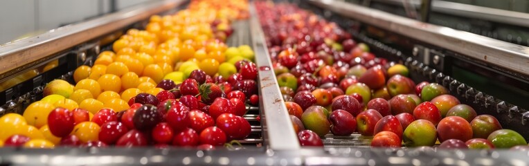 Poster - A conveyor belt of fruit is being sorted and displayed in a grocery store. The fruit includes apples, oranges, and pears