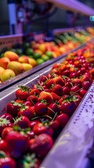Poster - A row of red strawberries on a conveyor belt. The strawberries are ripe and ready to be picked
