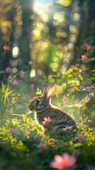 Aufkleber - A rabbit is sitting in a field of flowers. The rabbit is looking at the camera. The flowers are pink and the grass is green