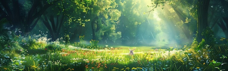 Poster - A lush green field with a rabbit in the foreground. The rabbit is looking to the right. The scene is peaceful and serene