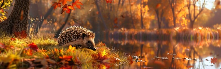 Poster - A hedgehog is sitting on the ground in a field of autumn leaves. The scene is peaceful and serene, with the hedgehog blending in with the natural surroundings