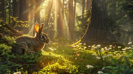 Aufkleber - A rabbit is sitting in a field of flowers. The scene is peaceful and serene, with the rabbit being the only living creature in the image. The bright sunlight illuminates the scene, creating a warm
