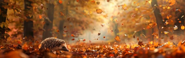 Poster - A hedgehog is walking through a forest of fallen leaves. The leaves are scattered all around the hedgehog, creating a sense of movement and energy. The scene is peaceful and serene