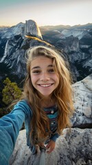 Poster - A girl with long blonde hair is smiling and taking a selfie on a mountain. The photo has a happy and adventurous mood, as the girl is enjoying her time outdoors and capturing the moment
