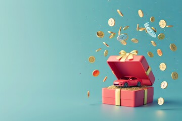 Wall Mural - banner with place for text, 3D icon of an open gift box with a car coming out, coins flying around it on a clean background. In the center is an asset UI element design template for a mobile app