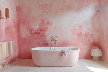 Sticker - bathroom with white tiles, pink wall and modern bathtub, brass details, pink watercolor wall