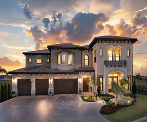 Sticker - beautiful home with three garage doors and lush landscaping at sunset