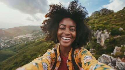 Poster - A woman with curly hair is smiling and taking a selfie on a mountain. The photo has a happy and carefree mood, as the woman is enjoying her time in the outdoors