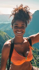 Poster - A woman with a big smile on her face is wearing an orange bikini top and is posing for a picture