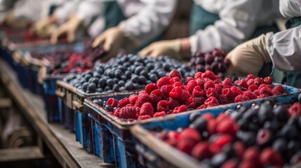 Poster - A group of people are working on a line of blue baskets filled with red berries. Scene is busy and focused, as the workers are carefully handling the fruit