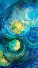 Poster - A painting of blue and yellow circles with a blue background. The circles are of different sizes and are arranged in a way that creates a sense of movement and depth