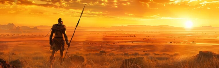 Poster - A man stands in a desert with a spear in his hand. The sky is orange and the sun is setting