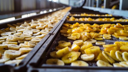 Aufkleber - A conveyor belt with bananas and mangoes on it. The bananas are sliced and the mangoes are cut into pieces