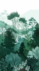 Poster - A painting of a forest with trees and a mountain in the background. The trees are green and the sky is white. The mood of the painting is peaceful and serene