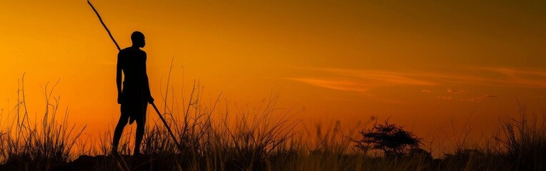 Aufkleber - A man stands in a field at sunset, holding a spear. The scene is serene and peaceful, with the man's silhouette against the orange sky creating a sense of solitude and contemplation