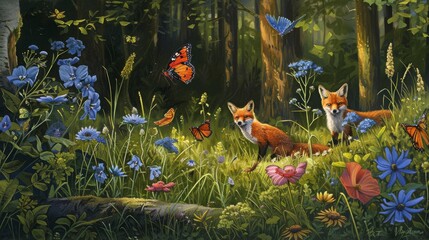 Poster - Two foxes are walking through a field of flowers and butterflies. The scene is peaceful and serene, with the animals enjoying the beauty of nature
