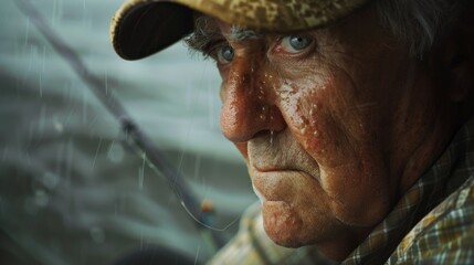 Poster - A man with a fishing pole and a hat on. He is looking at the camera. The man is wearing a plaid shirt