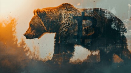 Poster - A bear is walking through a forest with a large B on its back. The bear is surrounded by trees and the sky is cloudy. Concept of mystery and intrigue, as the bear's presence