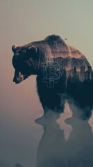 Poster - A bear is standing on a lake with a city in the background. The bear is surrounded by a blurry cityscape, giving the impression of a dream or a surreal painting