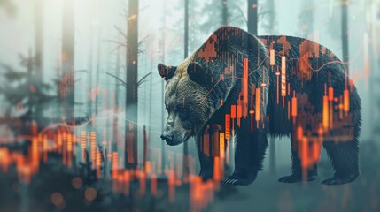 Poster - A bear is walking through a forest with a lot of orange and red lines in the background. The bear is surrounded by a lot of data and numbers, giving the image a sense of chaos and confusion