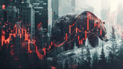 Leinwandbilder - A bear is standing in front of a city skyline with a red and black background. The bear is surrounded by a series of red and black lines that resemble a graph. Concept of chaos and unpredictability