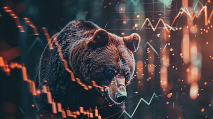 Poster - A bear is staring at a graph with a downward trend. The bear appears to be looking at the graph with curiosity or concern