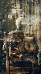 Poster - A man is sitting in a chair with a blurry background. The chair is wooden and has a back. The man is wearing a plaid shirt