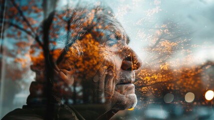 Poster - A man's face is reflected in a window, with trees in the background. The man is looking at something, but it is unclear what it is. The image has a melancholic and contemplative mood