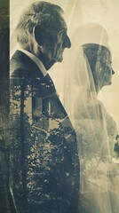 Poster - A man and a woman are standing in front of a window. The man is wearing a suit and tie, and the woman is wearing a wedding veil