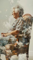 Aufkleber - A woman is sitting in a chair with a cloudy sky in the background. The chair is a wooden one