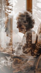 Poster - A woman with glasses is sitting in a chair looking out the window. The image has a nostalgic and contemplative mood, as the woman is lost in thought