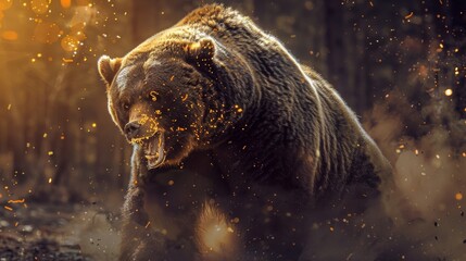 Poster - A bear is shown in a forest with a lot of fire and smoke. The bear is in a fierce and aggressive stance, with its mouth open and teeth bared. Concept of danger and wildness