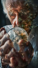 Poster - A man is holding a glass ball with a tree inside of it. The image has a nostalgic and whimsical feel to it, as if the man is holding a magical object that transports him back to a simpler time