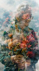 Poster - A woman is holding a bouquet of flowers. The flowers are in various colors and sizes, and they are arranged in a way that makes them look like they are floating. The woman is wearing a green jacket