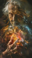 Poster - A woman is holding a glowing orange object in her hands. The image has a surreal and dreamlike quality, with the woman's face and the object appearing to be melting into each other