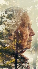 Poster - A woman's face is shown in a distorted way, with trees in the background. Concept of nostalgia and the passage of time