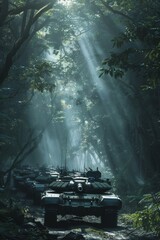 Wall Mural - A column of M1 Abrams tanks navigating a dense forest path, sunlight barely breaking through the thick canopy