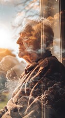 Poster - A man is sitting in a window looking out at the sky. The sky is cloudy and the sun is shining through the window. The man is looking at something in the distance, possibly a bird or a tree