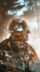 Poster - A man with glasses is sitting in a chair. He is looking at the camera. The image has a nostalgic and contemplative mood